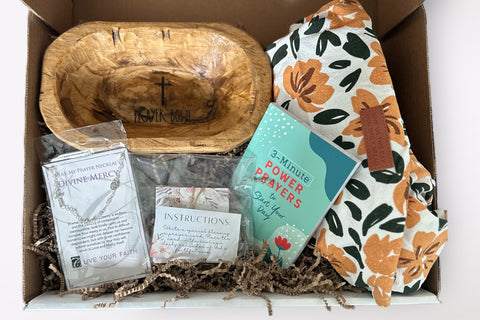 Wood prayer bowl, devotional book, apron, prayer cards and rosary necklace