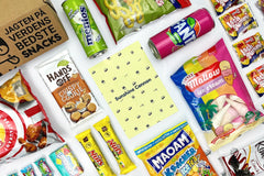 The Sunsince Cannon box, showcasing Maoam, Hands Off chocolate (for you solo-snackers out there), Lays KFC, etc...