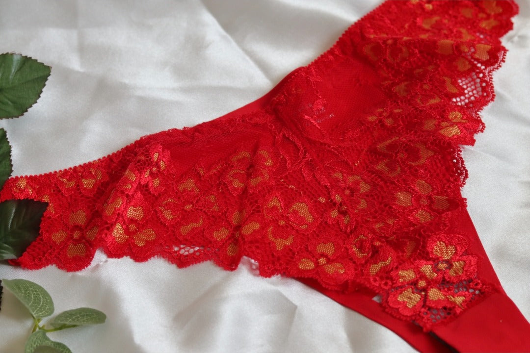 Vibrant coloured, lace, Brazilian cut underwear