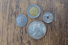 An example of foreign coins included in the coin collector's gift boxes, including Japanese yen, Philippine Peso, and more.