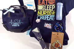 Eat Sleep Nurse Repeat tshirt, blue tumbler, blue bracelets, food wrap, personalized navy lunch tote, bamboo utensils, nurse love sticker