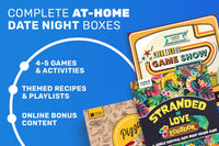Three at-home date night boxes from Crated with Love featuring games, activities, and themed playlists for a fun date night subscription