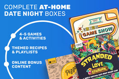 example of three complete at home date night boxes that include games and activities themed playlists online bonus content