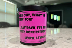 An example of our scented candles that come in our Album of the month subscription box. QR Code Included. Fragrances and quotes will vary.