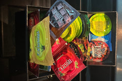 Display Fun size box. Glow in Dark , Flavors and Tattoos condoms