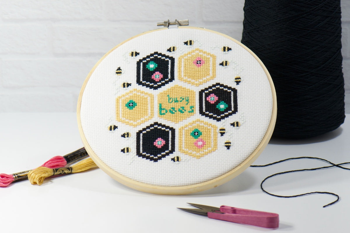 busy bees subscription box of the month club for cross stitch slow stitching in counted embroidery with fabric and hoop