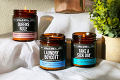 Witty candles, scented with delicious aromas and designed with witty statements like Coffee is Life, Dont Do Meth in our Bathroom and more.