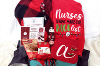 Nurses always make the nice list long sleeve red tshirt, personolized oven mitt, jingle bell earrings, red plaid poncho, compression socks