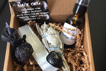 Stone and Sage Protection Set
A large Selenite stick, a protective Crystal, White
Sage, and a Mojo Bag.