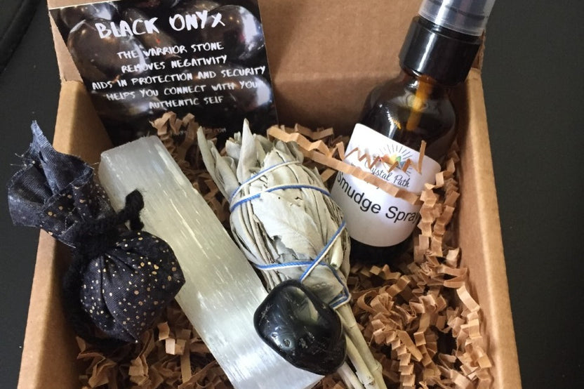 Stone and Sage Protection Set
A large Selenite stick, a protective Crystal, White
Sage, and a Mojo Bag.