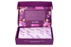 Colorful subscription box from TeaFavors featuring personalized tea blends and four premium tea packets including black and herbal teas