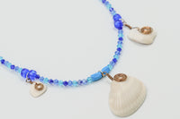 Mermaid Beach Seashell Pendant Copper Spiral Detail Bright Blue Beaded Necklace by Lauren Jay Designs