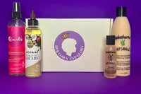 four products positioned in front of a Her Crown and Glory subscription box standing in front of a purple background