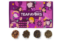 Colorful subscription box from TeaFavors featuring personalized tea blends and four premium tea packets including black and herbal teas