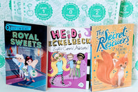 Three colorful children's books from the Kids Read Daily Book Club: "My Family and Me," "The Thrifty Guide to Ancient Rome," and "Freddie Mole, Lion Tamer"