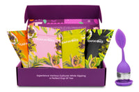 Colorful subscription box from TeaFavors featuring personalized tea blends and four premium tea packets including black and herbal teas