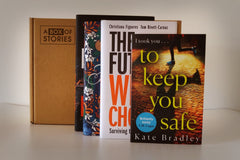 Brown subscription box filled with four surprise mystery books, featuring captivating stories and intriguing plots for genre enthusiasts.