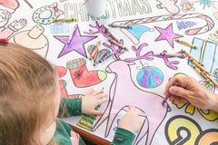 Seasonal kids coloring tablecloths; fun, themed designs delivered monthly for creative playtime all year long. Made in the USA