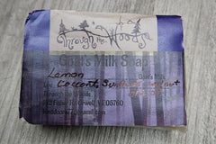 Sample of Lemon Coconut Sunflower Goat's Milk Soap by Through The Woods based in Orwell, Vermont!! Smells amazing. 