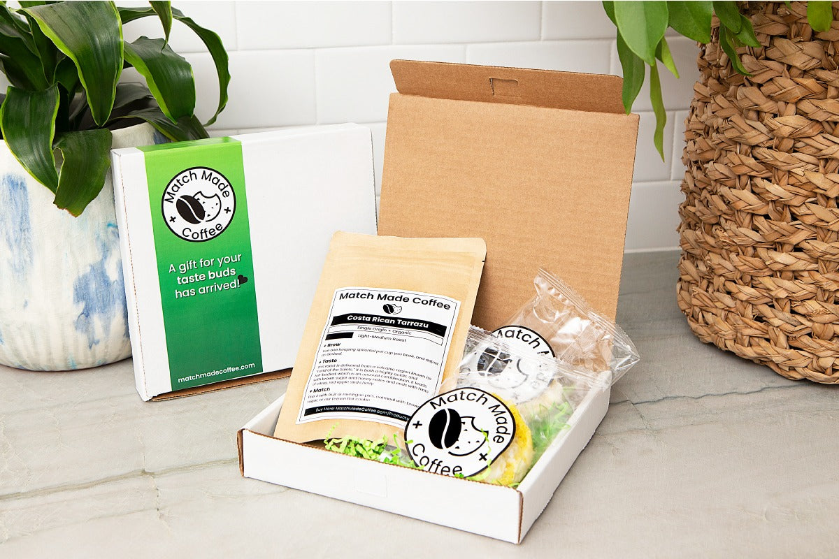 Match Made Coffee subscription box. Includes a bag of fresh coffee and two cookies. delivered fresh to your doorstep monthly. 