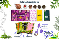 Colorful subscription box from TeaFavors featuring personalized tea blends and four premium tea packets including black and herbal teas