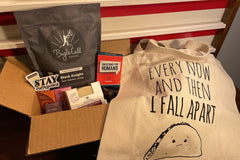 Our favorite mental health tool to date, fabulous and fancy chocolate, vet owned coffee, luscious hand made soap, sticker & an awesome tote.