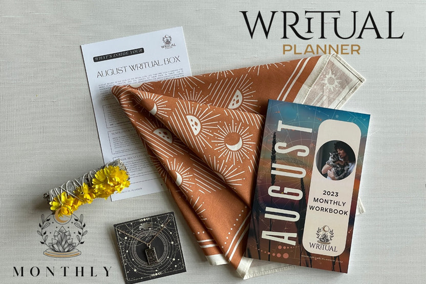 Writual Monthly Workbook, Gold Strength Tarot Necklace, Sunflower with White Sage Bundle, Soleil Recycled Cotton Bandana
