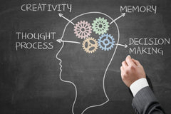 a chalk board with a 2 dimensional drawing of the outline of a head. There are different colored gears in the brain with labels. 