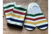 Hudson's Bay Striped inspired socks that I absolutely love.  Green, red, yellow, and blue stripes contrast with the ivory background.  