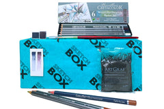 SketchBox subscription box featuring art supplies like markers, a notebook, and a brush for creative projects