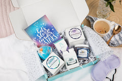 Let's Sleep Under the Stars Bath Bevy Subscription box with bath bombs, whipped soap scrub, bubble bath jug, lotion