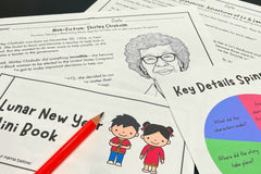 Examples of literacy activities in the Activity Trunk, including non-fiction text, a listening comprehension activity, a key details game