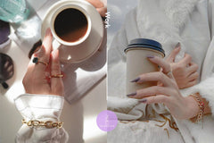 Two The Jewel Pick boxes of a woman holding a cup of coffee by thejewelpick.