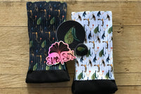 Close up of the fly fishing socks, stickers, and pin.  Perfect for the fishing woman or man, or couple.