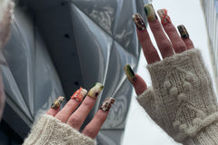 Set: Camo Aura. Neutral colored set with browns, nude, greens. Orange mesh for a pop of color. Silver gem stones.
