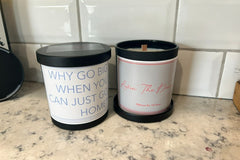 An example of our (2) scented candle subscription box featuring De-motivational/dark humor quotes. Fragrances and quotes will vary.