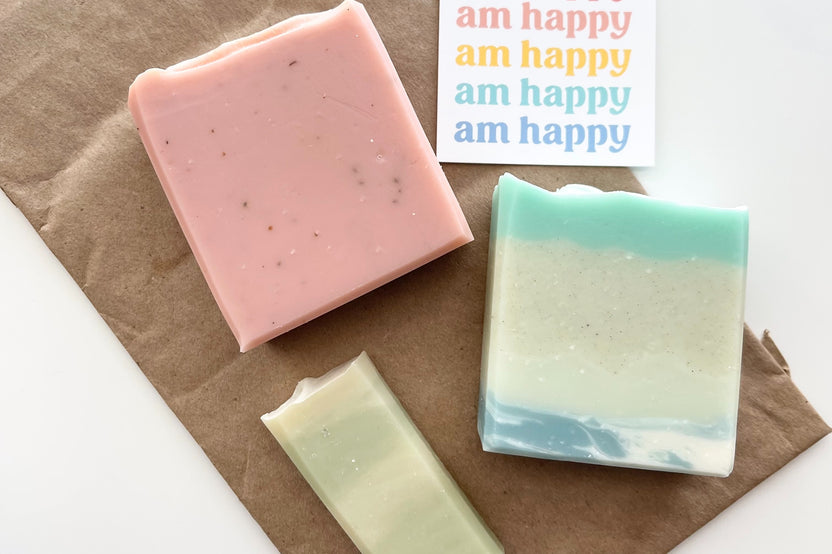 Am Happy Soap subscription box. Handmade soaps that smell happy and made with real ingredients. Choose one two or three bars a month!