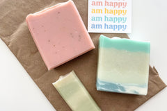 Am Happy Soap subscription box. Handmade soaps that smell happy and made with real ingredients. Choose one two or three bars a month!