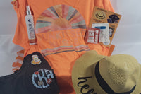 Sunkissed nurse tangerine tee, hello sunshine hat, monogrammed grey tshirt, flip flop foot repair, lip balm, after sun body serum, sticker