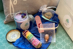 The Well Being box theme! Chakra Sage stick, lavender infused Reiki charged candle, spirit animal and more! 
