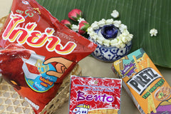Thai local snacks include seafood snack, spicy snack and savory snacks. All snacks in Heap Brand snack box are shipped from Thailand