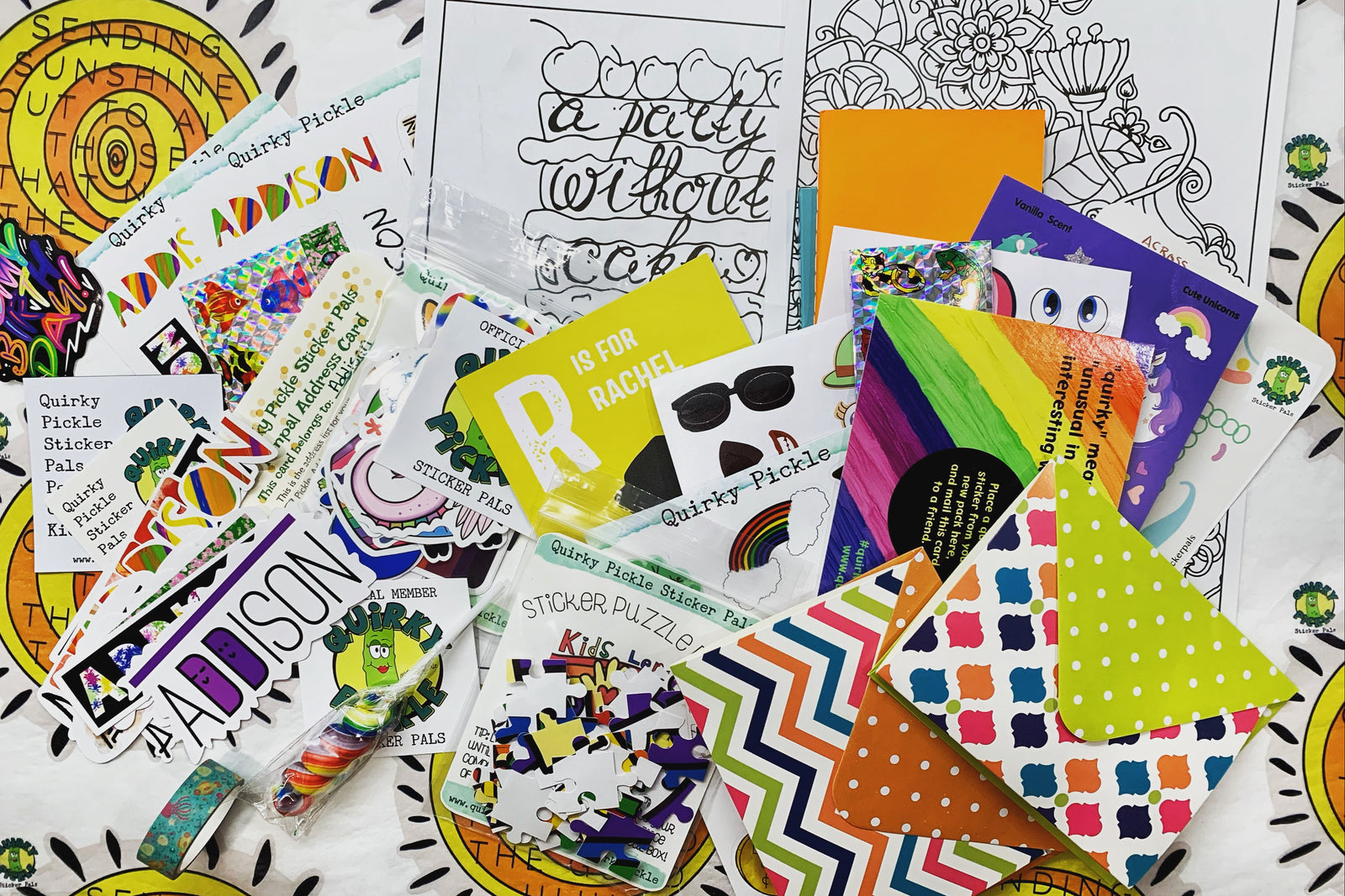 Pic shows actual contents of a personalized Quirky Pickle pack as ordered for a birthday. Includes stationery, stickers, and more!