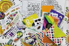Pic shows actual contents of a personalized Quirky Pickle pack as ordered for a birthday. Includes stationery, stickers, and more!