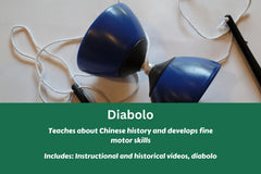 The Diabolo mini-activity comes with an instructional and historical video, and the diabolo itself. It teaches history and motor skills.