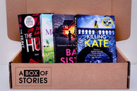 Brown subscription box filled with four surprise fiction books, offering captivating stories and diverse plots for literature lovers.