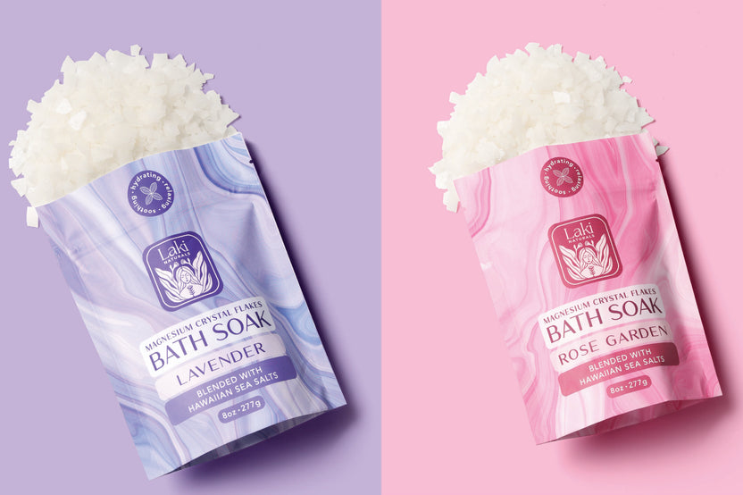 Laki Naturals Magnesium Bath Soaks in Lavender & Garden Rose, help relax, soothe and hydrate the mind and body.
