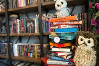 Owl Post Books YA Imagination Box. Three new hardcover books delivered monthly. Picture shows the Owl Post Books box with several books.