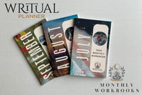 Photo of Writual Monthly Workbooks from September, August and July. These workbooks are included in every box.