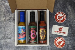 SCOVILLED subscription box featuring Angry Goat Pepper Co., Culley's, and Elijah's Xtreme Regret Reserve.
