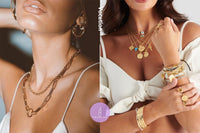 A woman is posing with different necklaces and bracelets, showcasing potential gift options from The Jewel Pick box by thejewelpick.